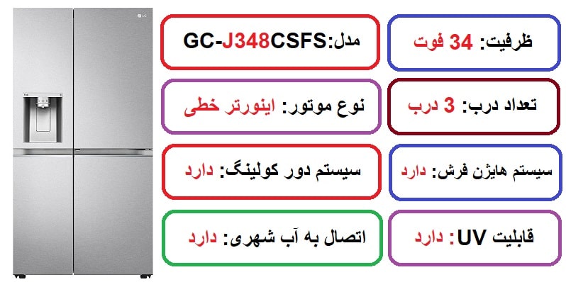 مشخصات اصلی یخچال ساید ال جی J348 در راضی کالا