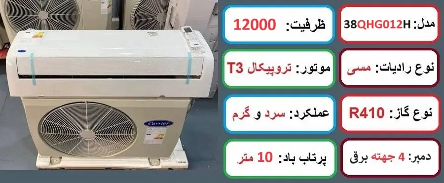 مشخصات اصلی کولر گازی 12000 کریر بدون اینورتر