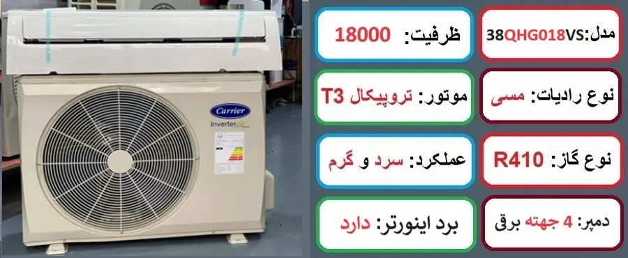مشخصات اصلی کولر گازی کریر 18000 اینورتر موتور T3 در راضی کالا