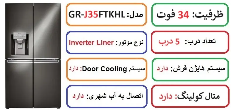 مشخصات اصلی یخچال ساید ال جی J35 در راضی کالا