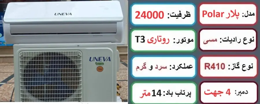 مشخصلات اصلی کولر گازی 24000 یونیوا مدل پلار در بانه